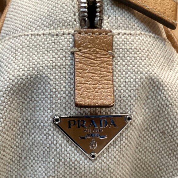 Prada Cinghiale Trimmed Beige Canapa Bowler Bag Camel Leather Handles - Picture 6 of 7